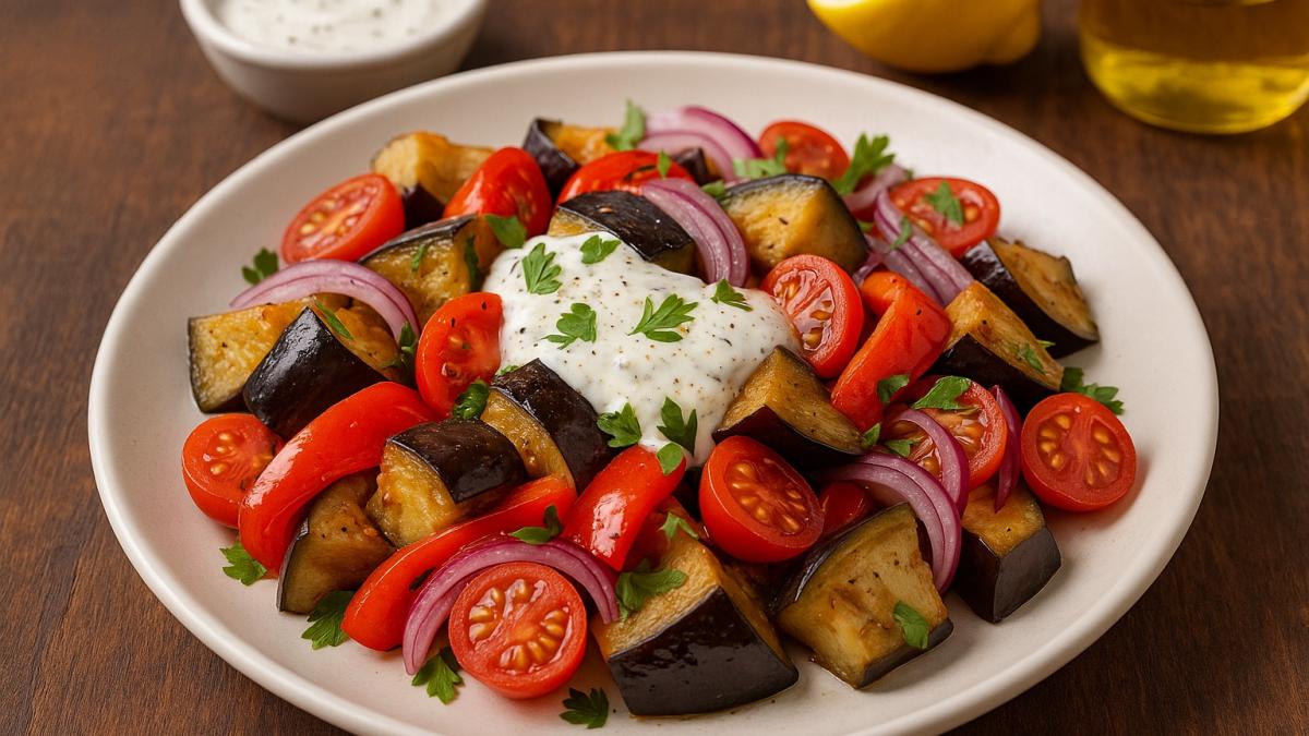 Салат с запечёнными баклажанами и йогуртовой заправкой