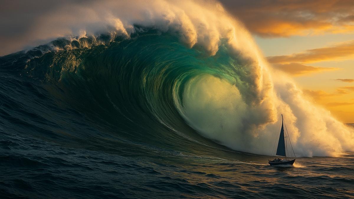 Волна накрывает корабль в океане