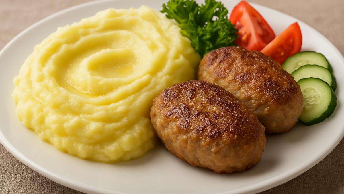 Картофельное пюре с котлетами Картофельное пюре с котлетами