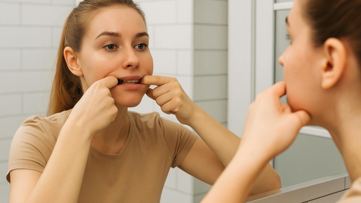 Девушка делает гимнастику для лица