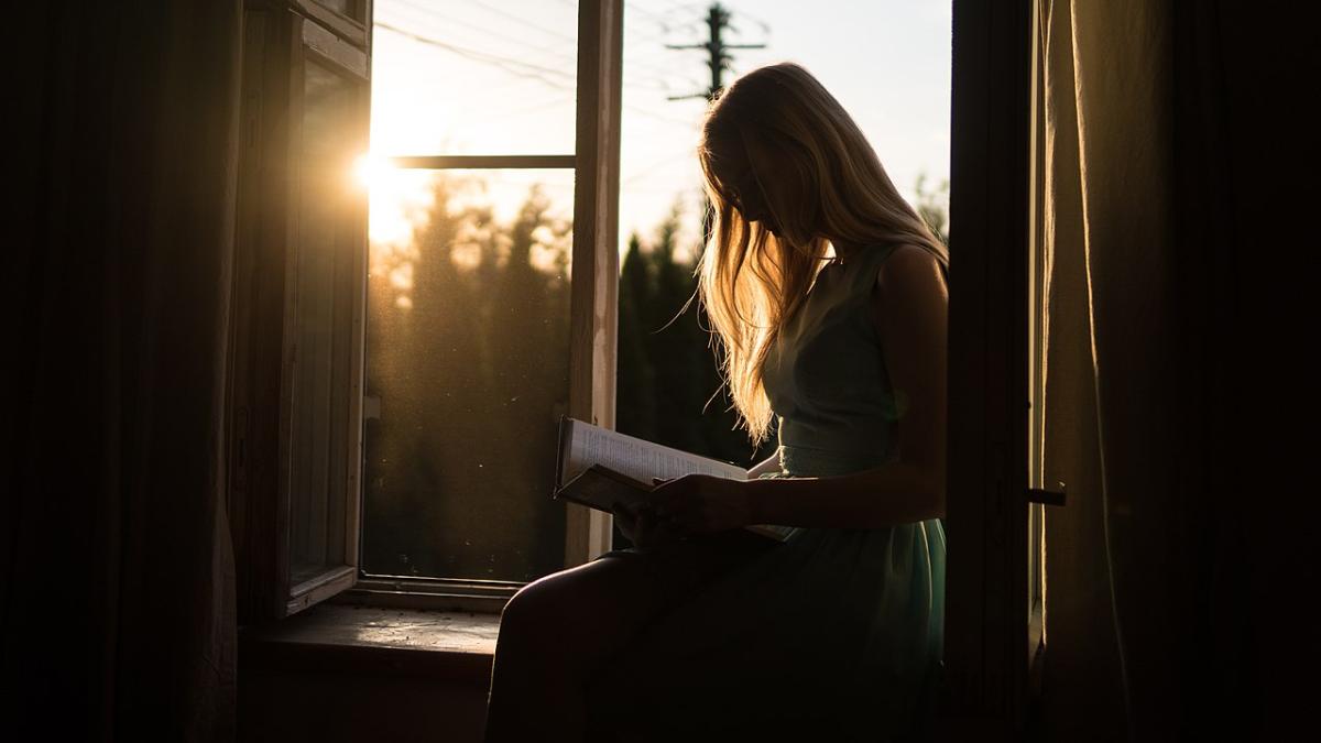 Девушка читает книгу в полумраке Девушка читает книгу в полумраке