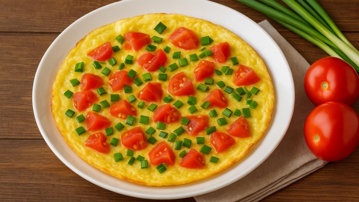 Омлет с зелёным луком и помидорами