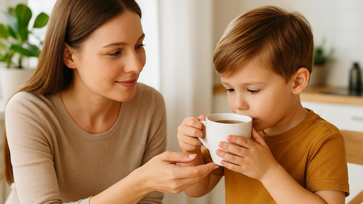 Мама наливает чай ребенку