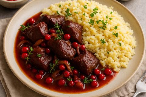 Тушёная говядина с брусничным маринадом и пшённой кашей — летний рецепт без уксуса