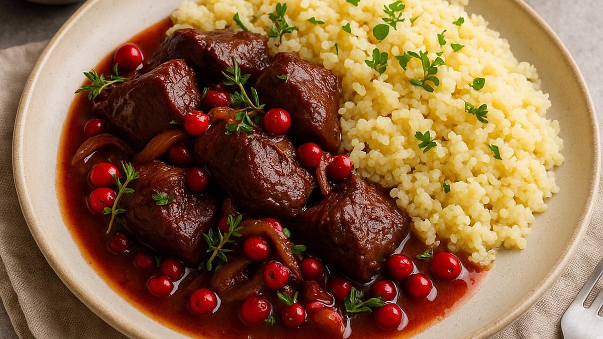 Говядина в брусничном маринаде с пшённой кашей