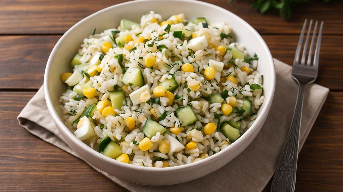 Салат с рисом, кукурузой и огурцами Салат с рисом, кукурузой и огурцами