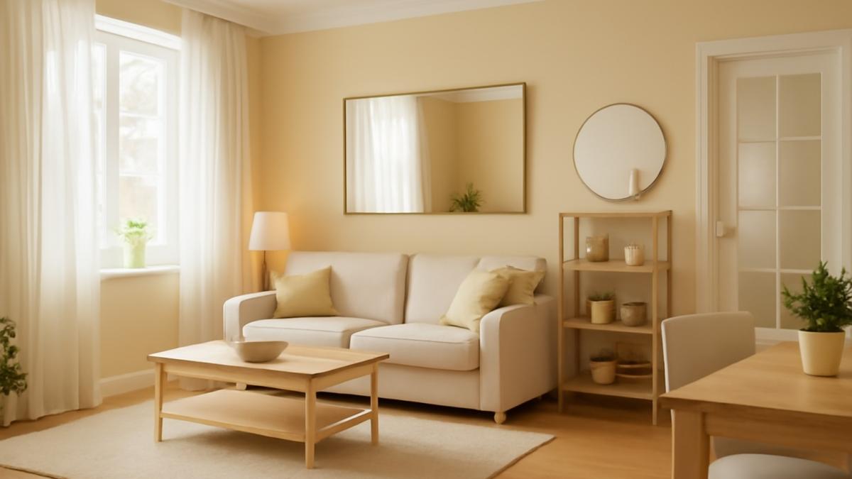 Светлая гостиная с зеркалом и минималистичным декором