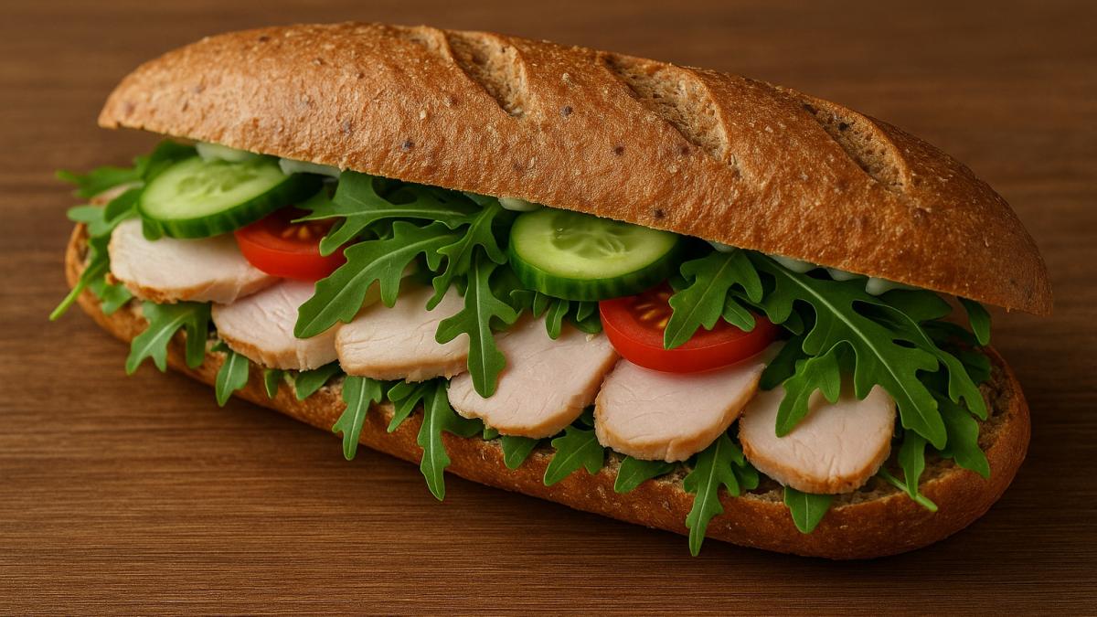 Цельнозерновой багет с индейкой и рукколой