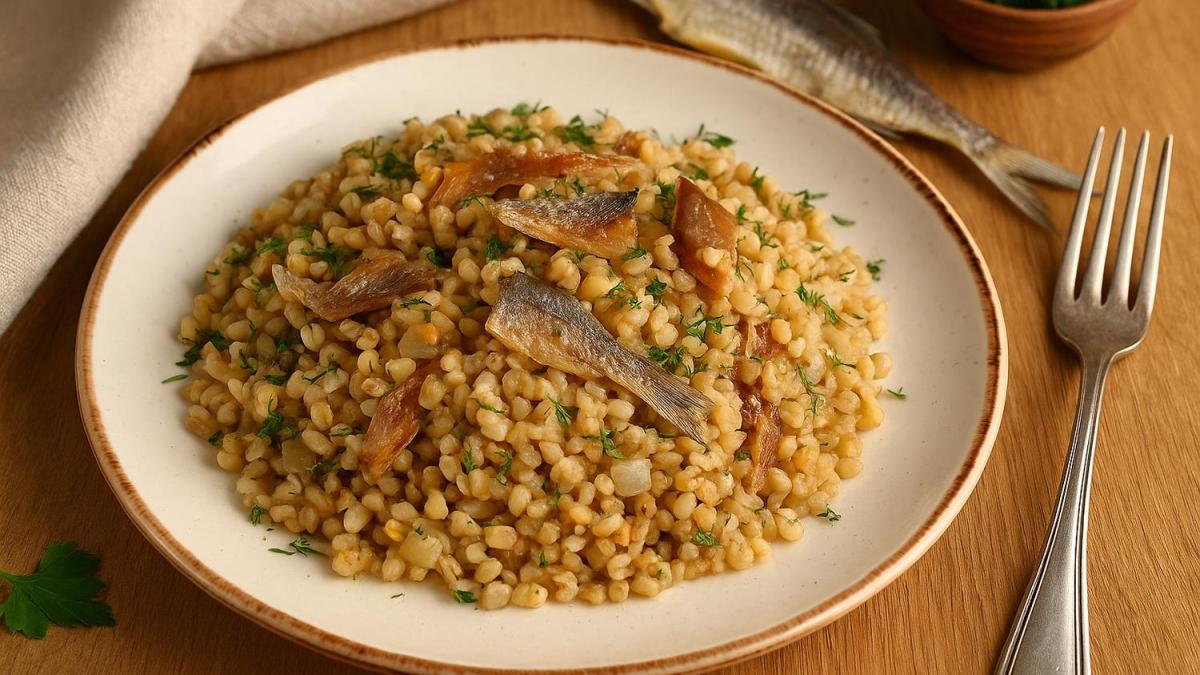 Каша из пшеницы с сушёной рыбой Каша из пшеницы с сушёной рыбой