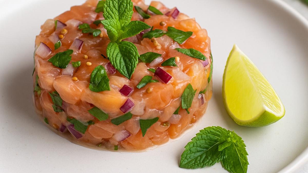 Тартар из копчёной форели с луком и мятой Тартар из копчёной форели с луком и мятой