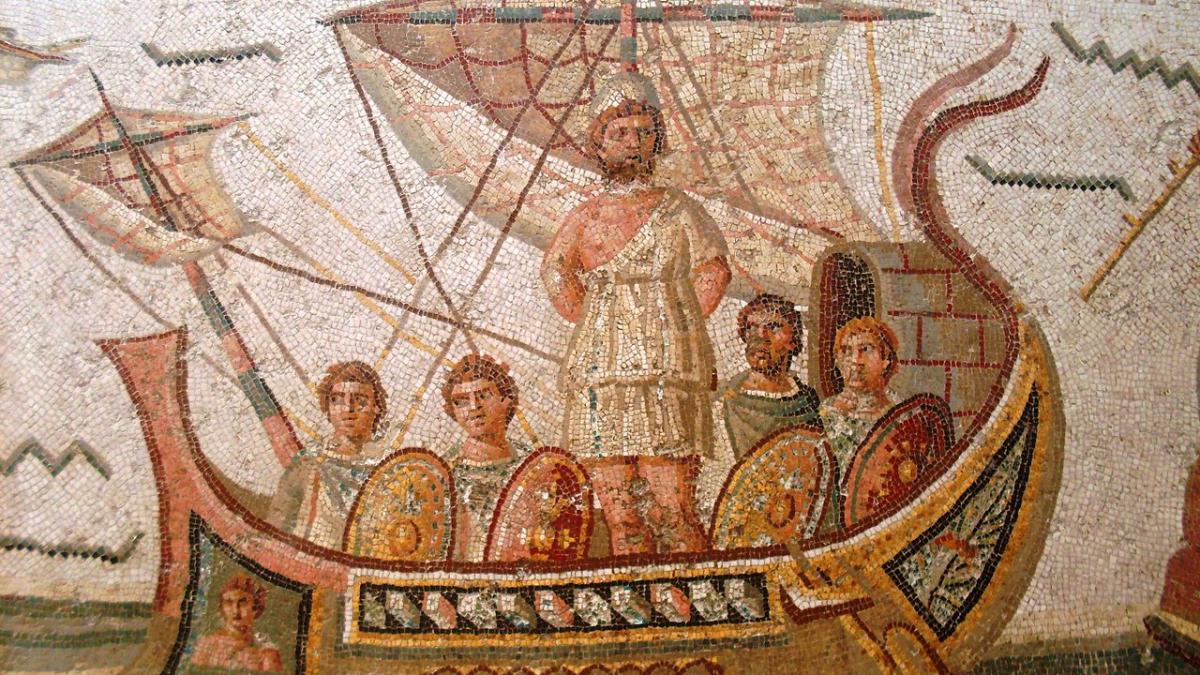 Одиссей слушает пение сирен, мозаика, Тунис Одиссей слушает пение сирен, мозаика, Тунис