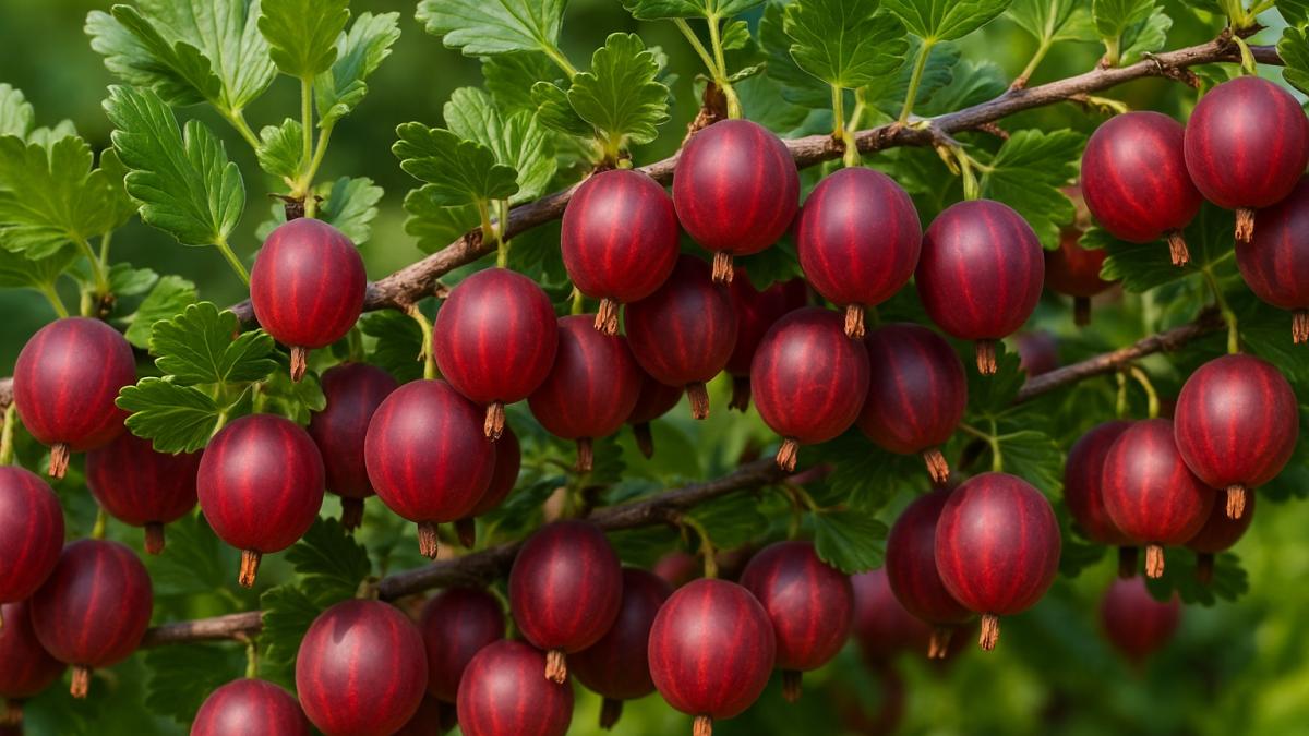 Крупные ягоды крыжовника на кусте