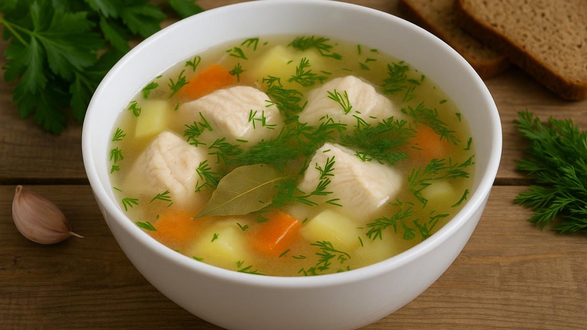 Суп из муксуна с луком и травами