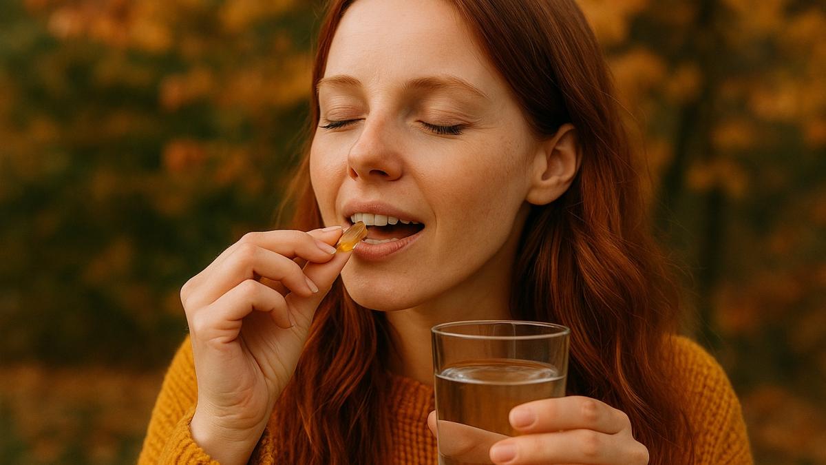 Девушка пьет витамины