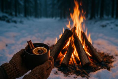 Туристы на горных курортах используют горячее вино у костра для согрева в холодное время года