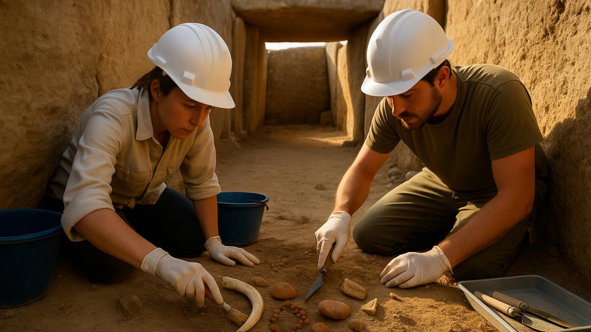 Археологи расчищают артефакты в дольмене