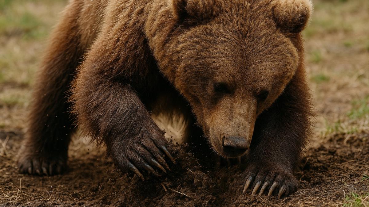 Бурый медведь роет землю