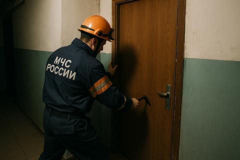 Спасатель МЧС вскрывает дверь