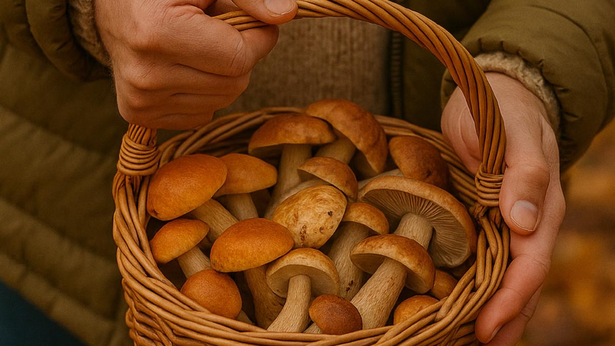 Грибник с корзиной грибов