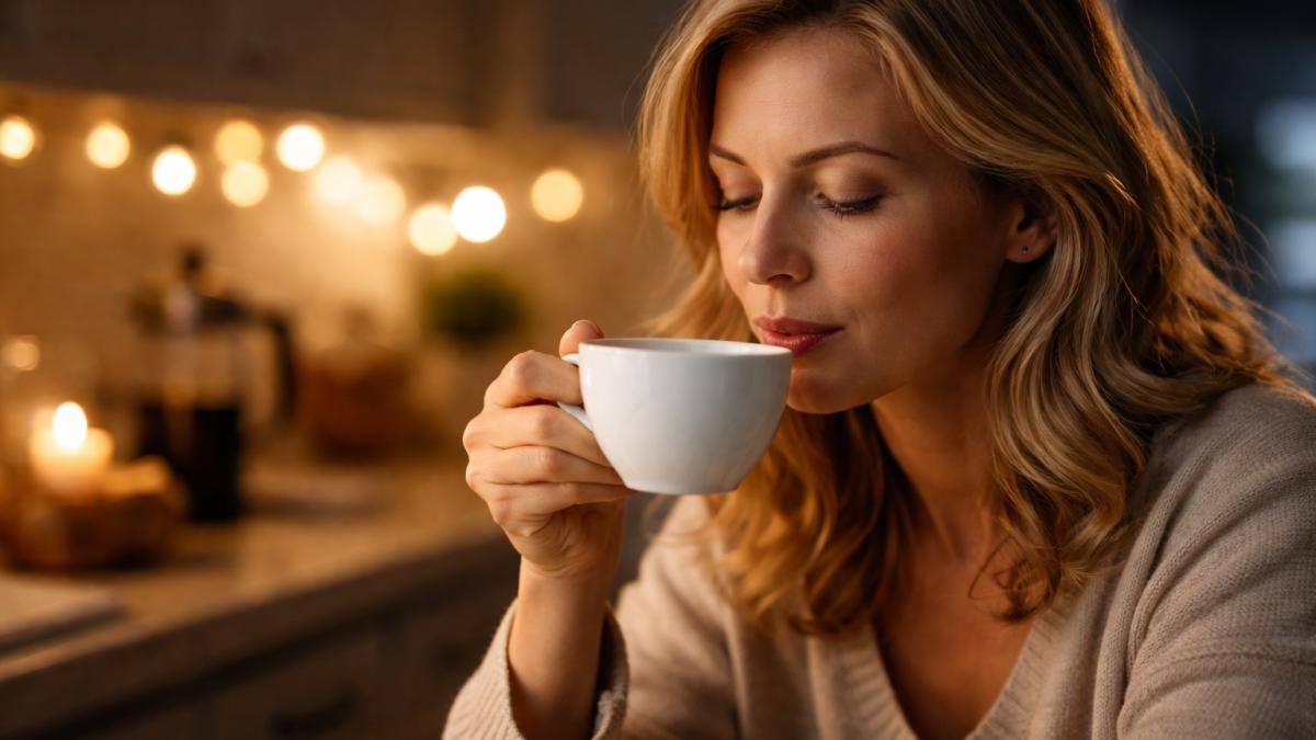 Девушка вечером пьет кофе