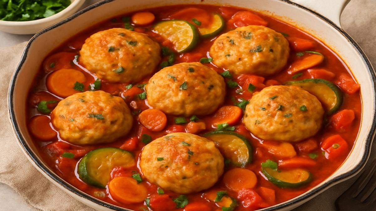 Рыбные тефтели в томатном соусе с овощами Рыбные тефтели в томатном соусе с овощами