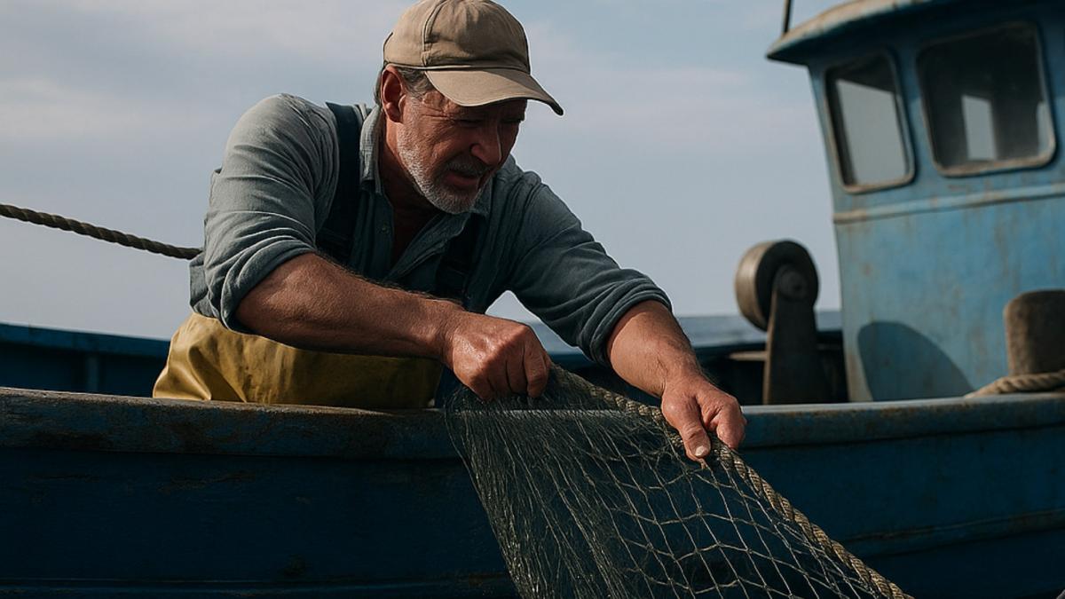Рыбак вытягивает сеть