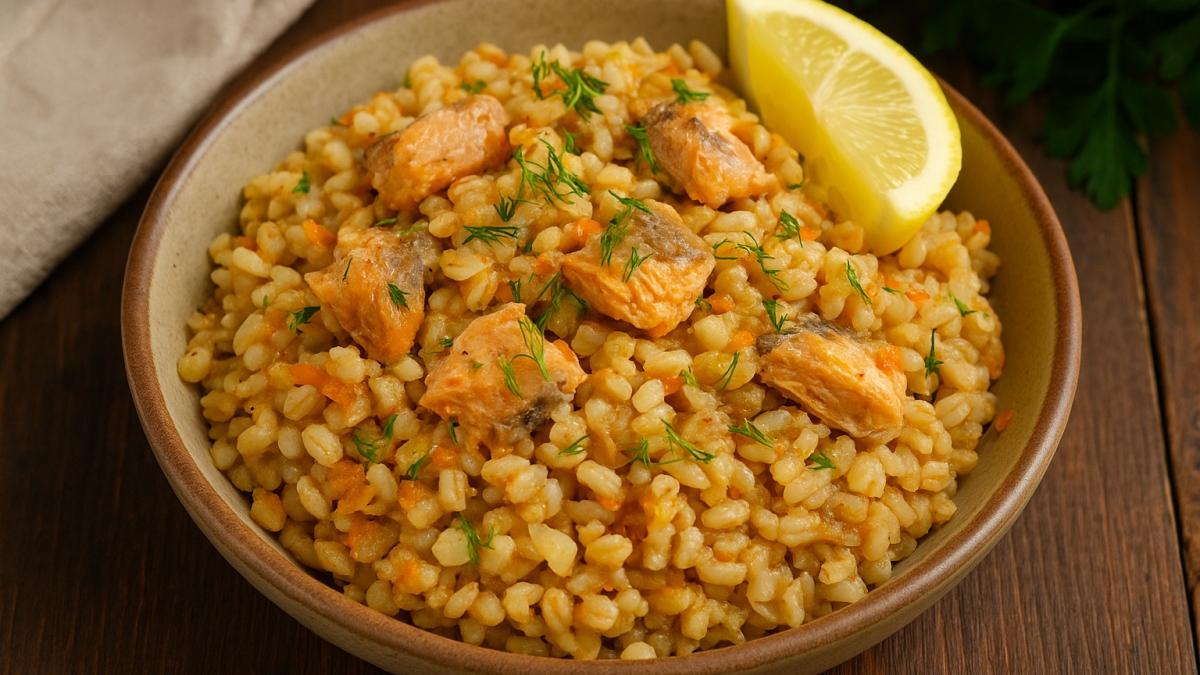 Каша из перловки с тушёной рыбой