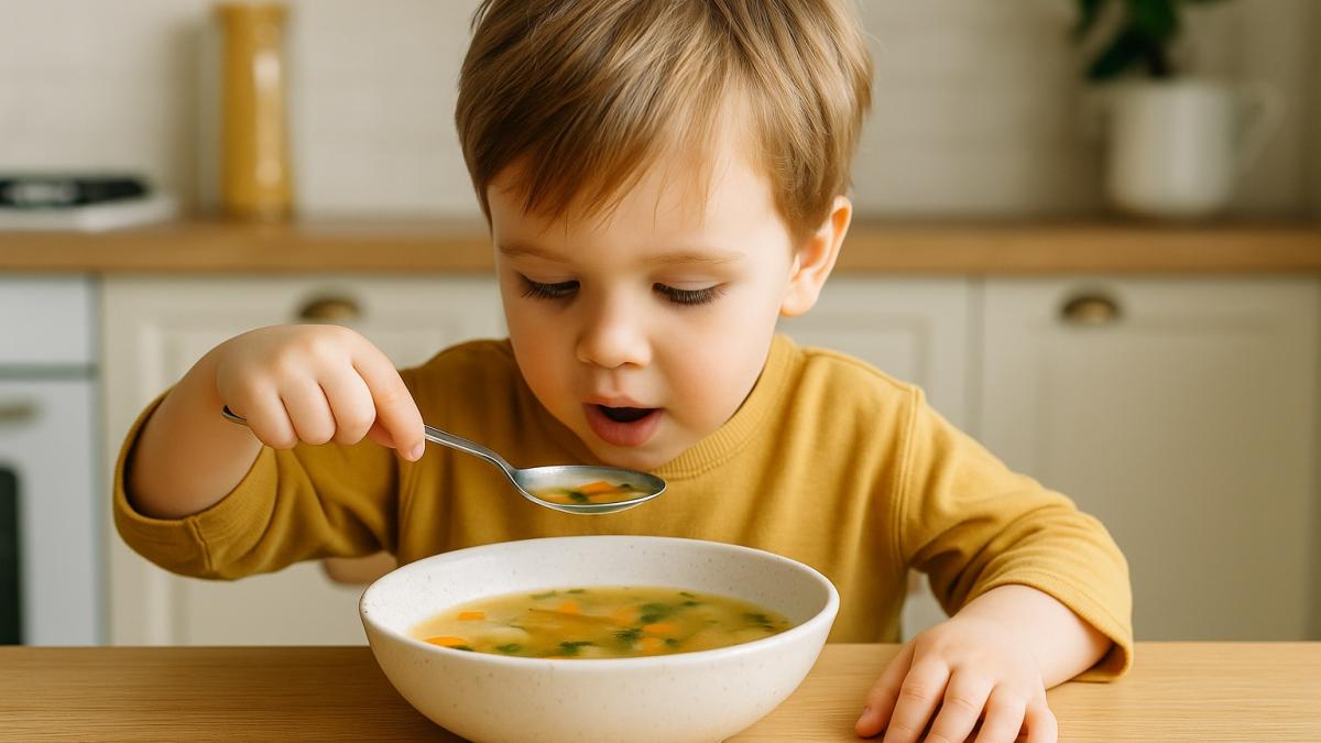 Ребёнок ест суп