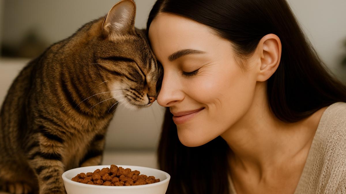 Женщина ласкается с кошкой у миски с кормом Женщина ласкается с кошкой у миски с кормом