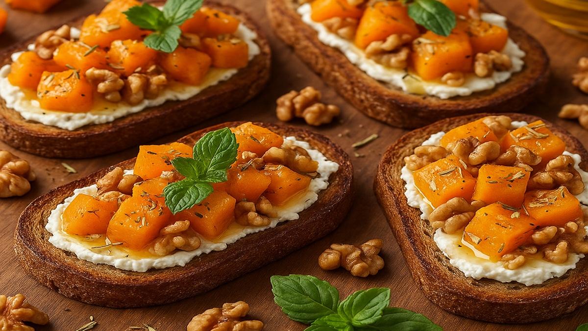 Брускетты с запечённой тыквой и козьим сыром Брускетты с запечённой тыквой и козьим сыром