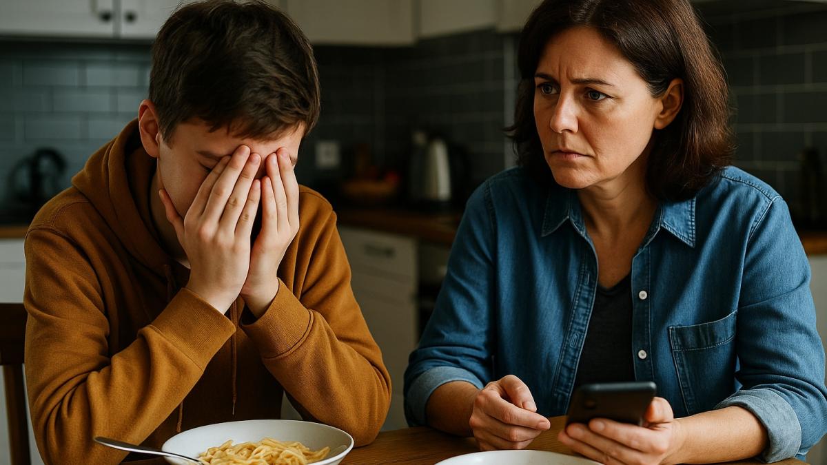 Мать и сын на кухне вечером