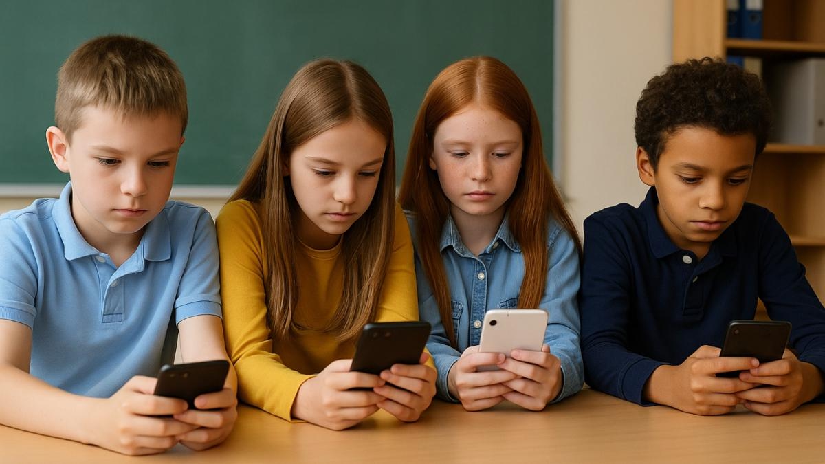 Дети в классе со смартфонами