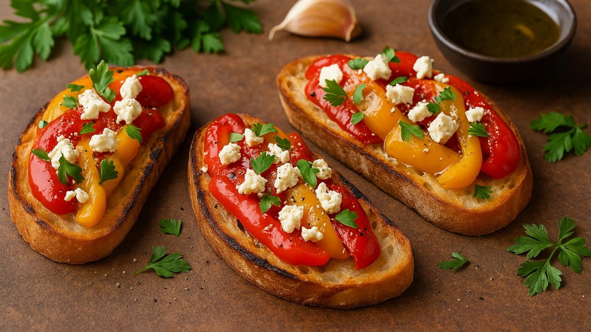 Брускетта с печёным перцем и фетой Брускетта с печёным перцем и фетой