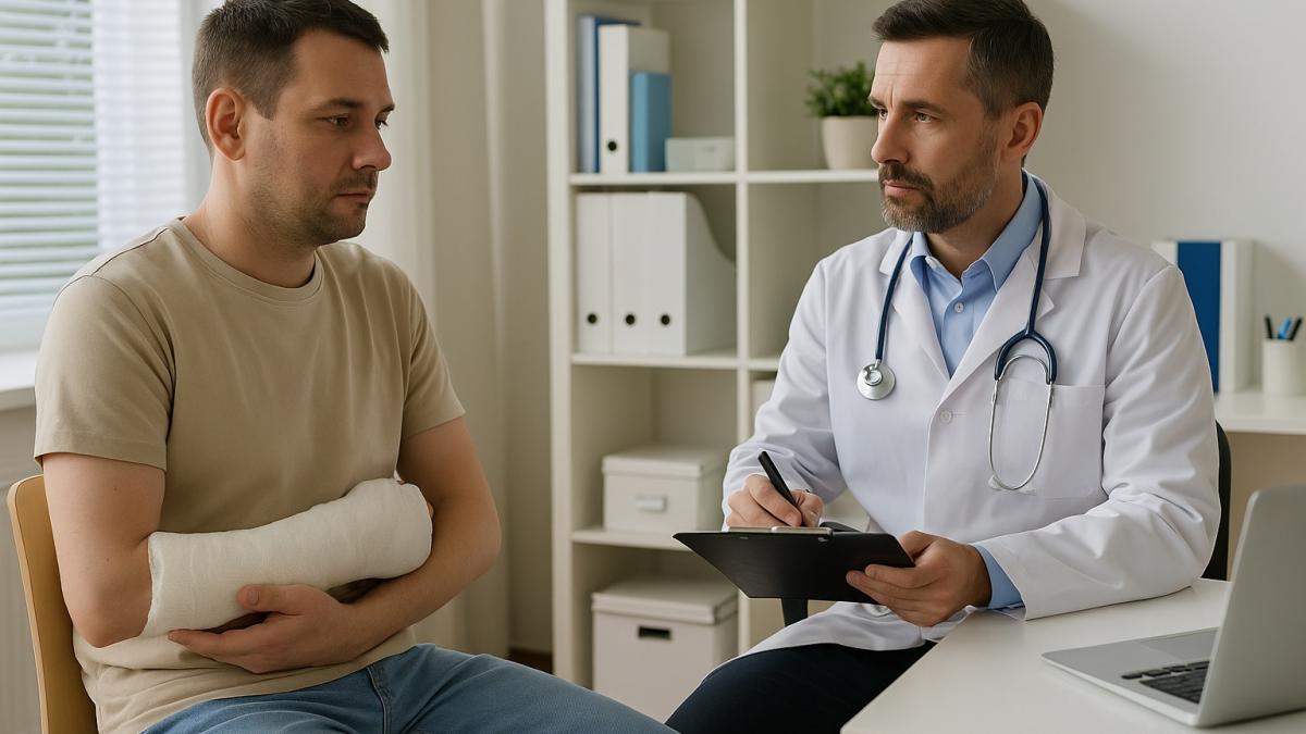 Мужчина с рукой в гипсе у врача