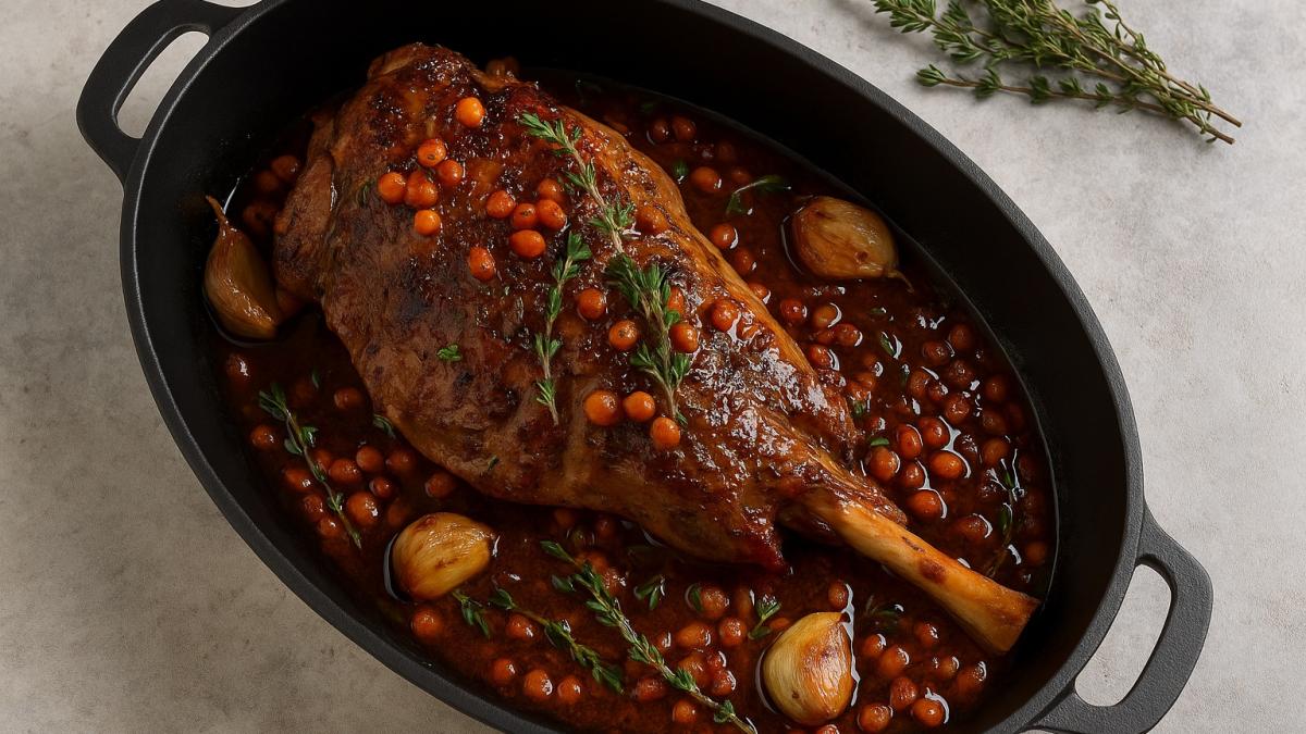 Ягнёнок, запечённый с облепихой и диким тимьяном