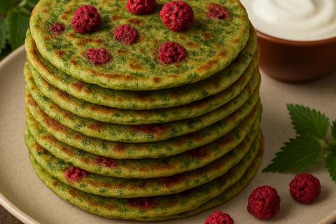 Блины с крапивой и сушёной малиной — сезонный рецепт без сахара и красителей