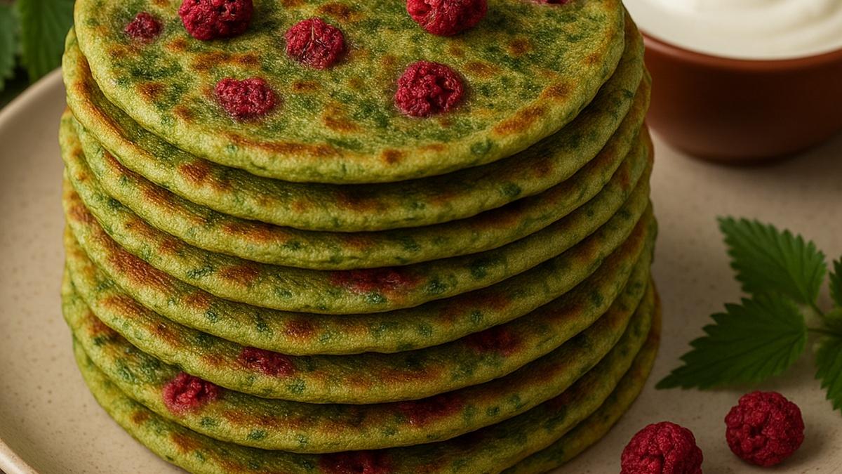 Сладкие блины с сушёной малиной и крапивой