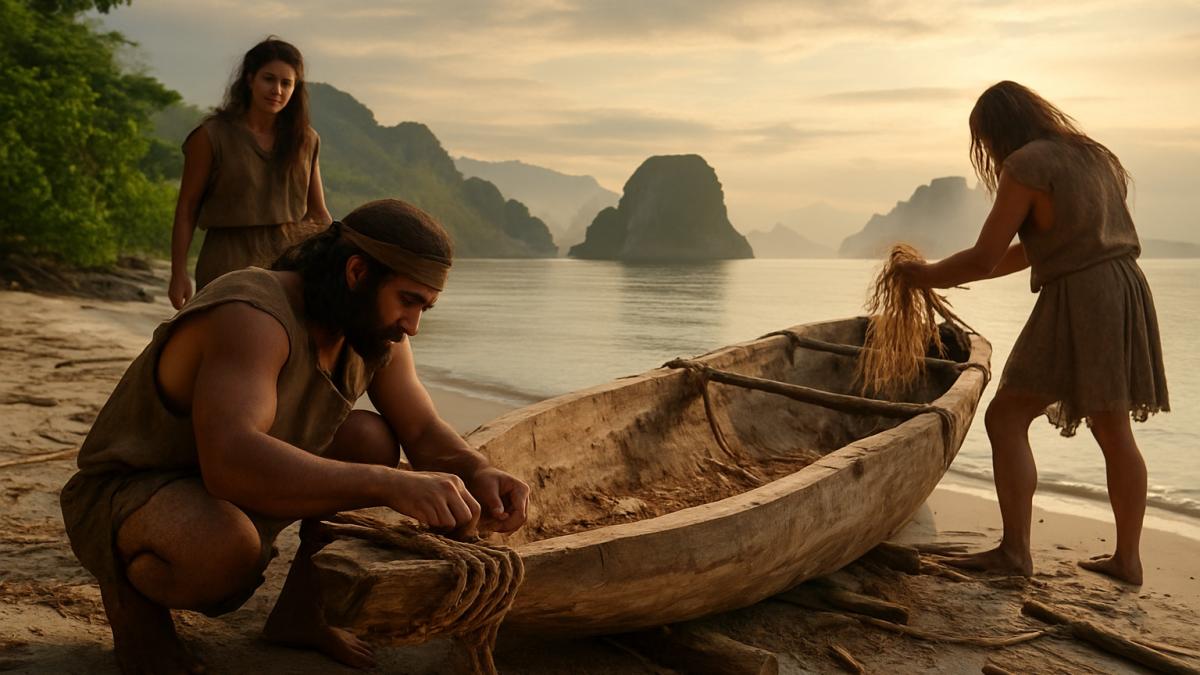 Древние мореплаватели строят лодку на берегу