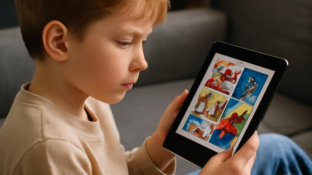 Ребенок читает комиксы с электронной книги