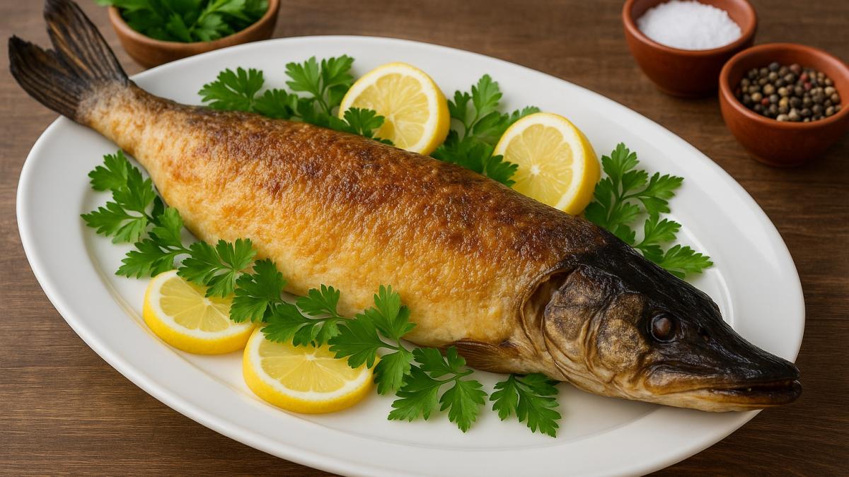Фаршированная щука с луком и травами