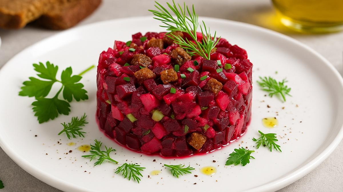 Постный тартар из печёной свёклы и ржаного хлеба Постный тартар из печёной свёклы и ржаного хлеба