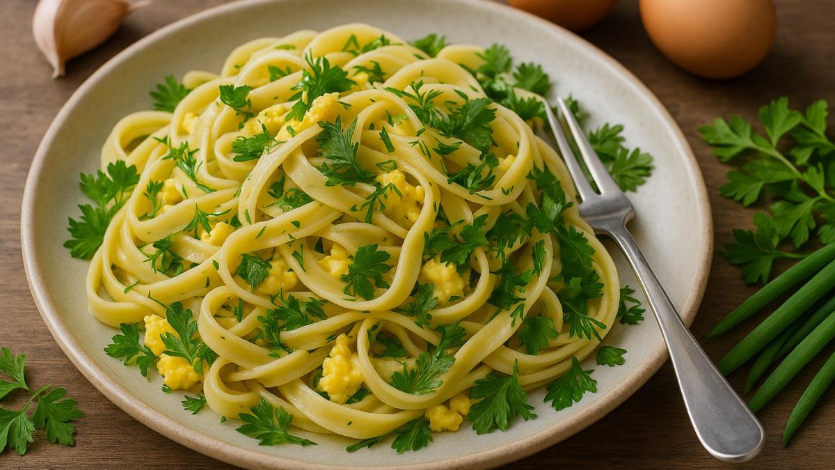 Лапша с яйцом и зеленью