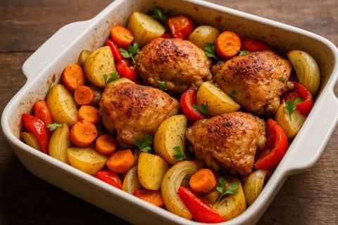 Шеф-повара советуют запекать куриные бёдрышки с сезонными овощами для сытного ужина