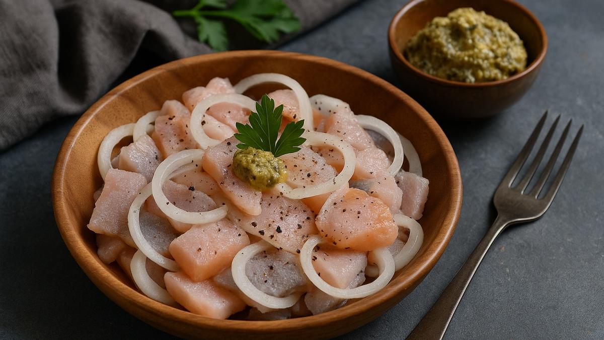 Салат из мороженой рыбы с луком и маслом тундры Салат из мороженой рыбы с луком и маслом тундры
