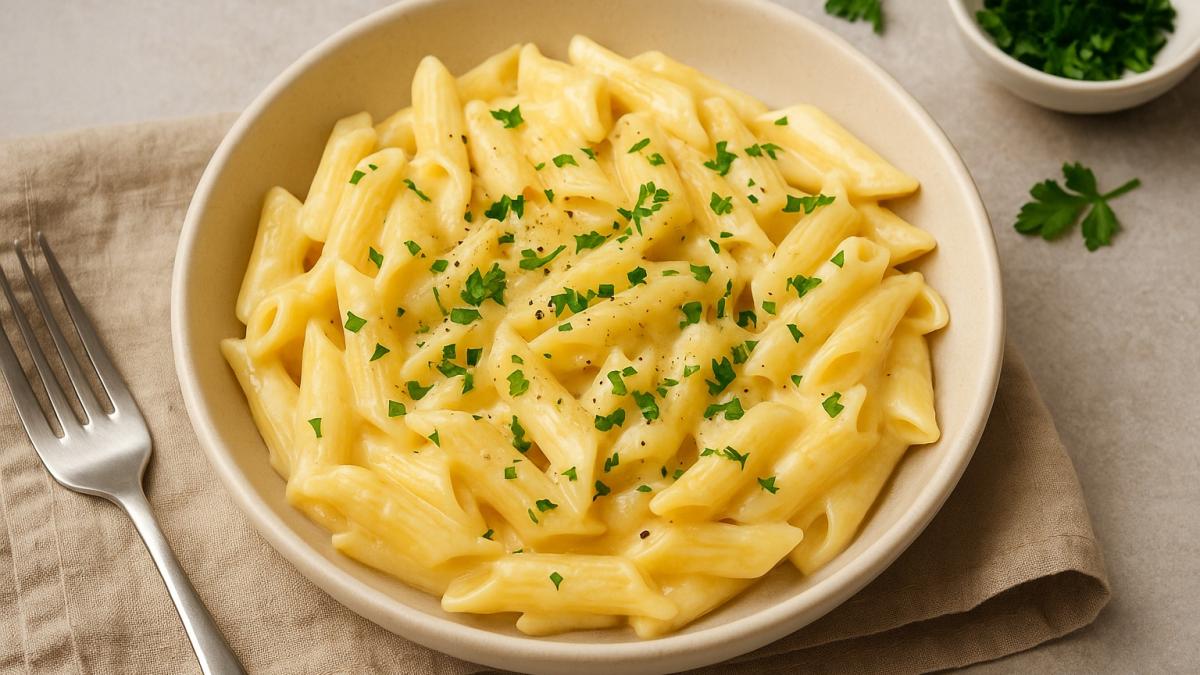 Макароны с сырным соусом и зеленью