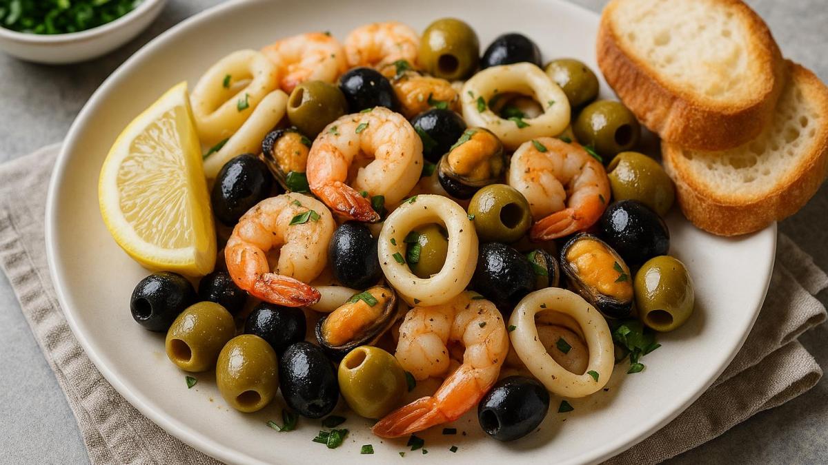 Тапас с морепродуктами и оливками