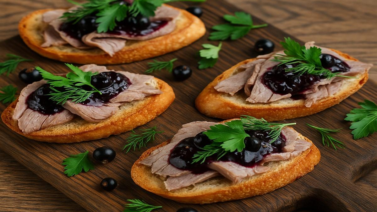 Брускетты с отварным мясом и соусом из смородины Брускетты с отварным мясом и соусом из смородины
