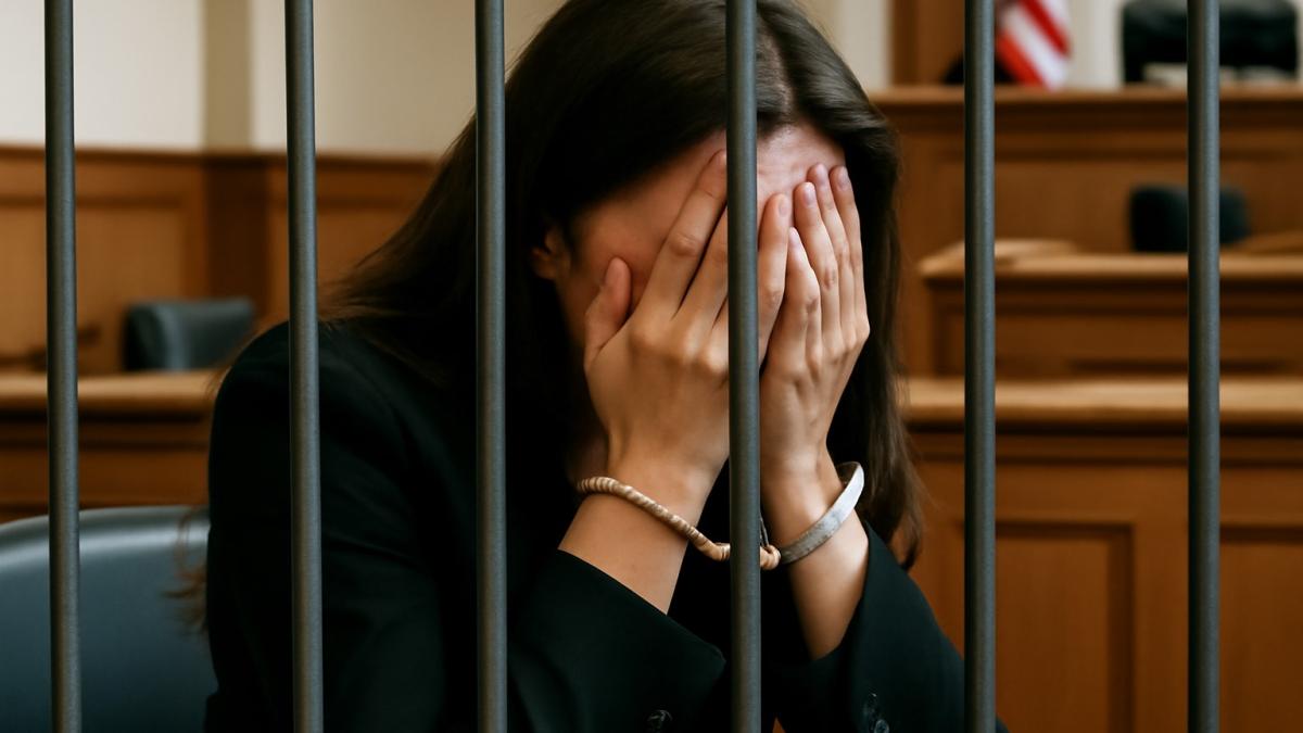 Женщина за решеткой в судебном зале