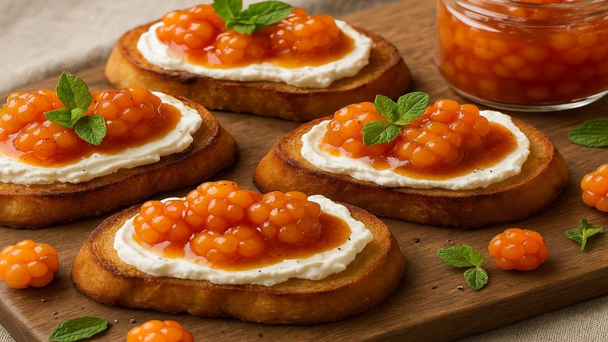 Брускетты с морошковым джемом и творожным сыром Брускетты с морошковым джемом и творожным сыром