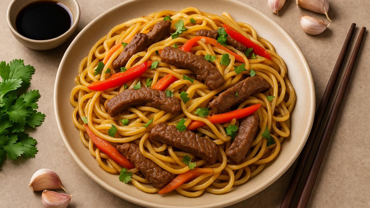 Лапша с говядиной и соевым соусом